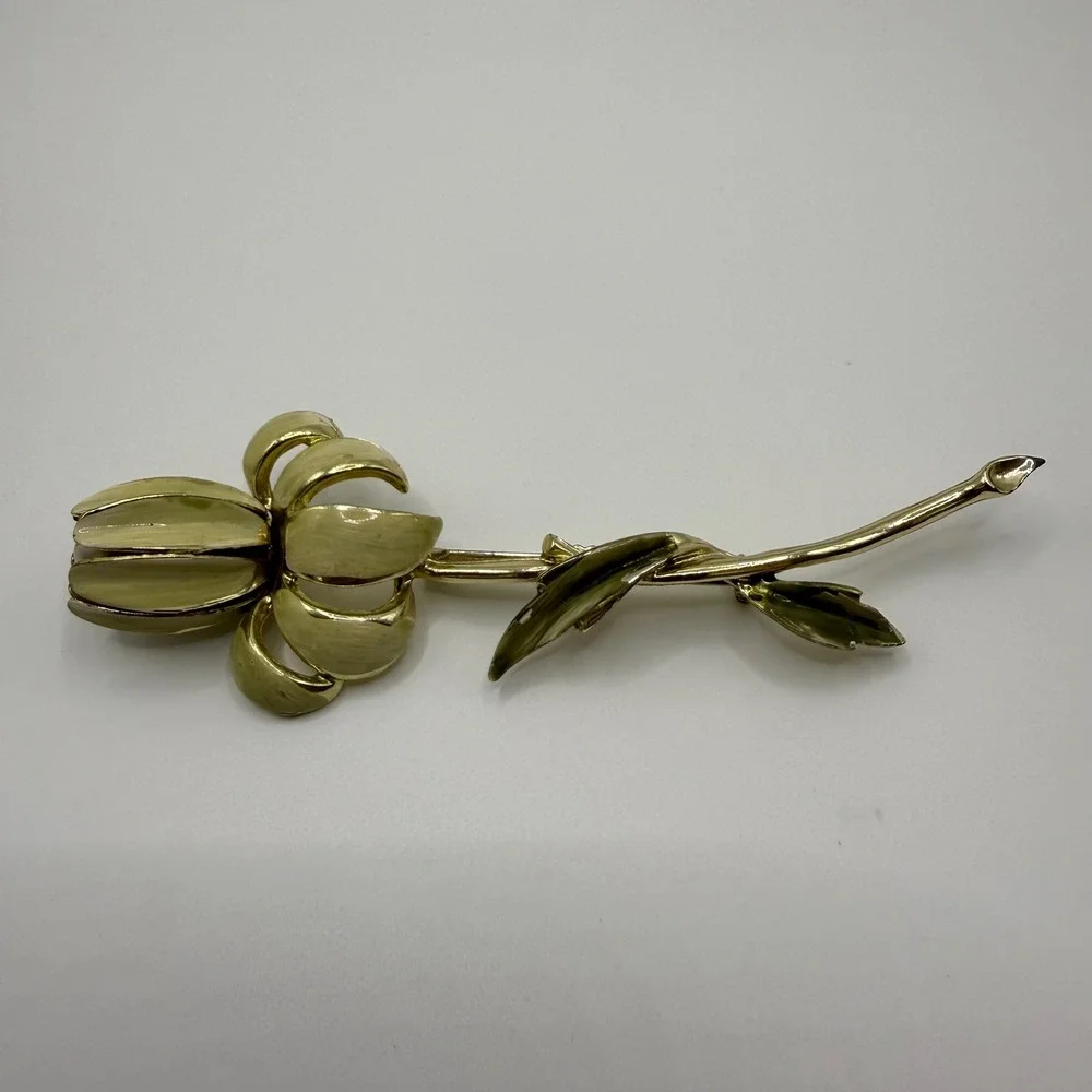 Coro Vintage Gold Tone Enamel Tulip Flower Brooch Pin with Faux Pearl Accent